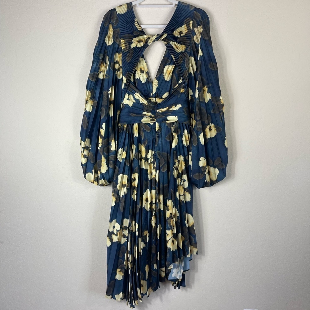 Acler Palms Pleated Long Sleeve Midi Dress Navy Floral Size 2 - Picture 15 of 15